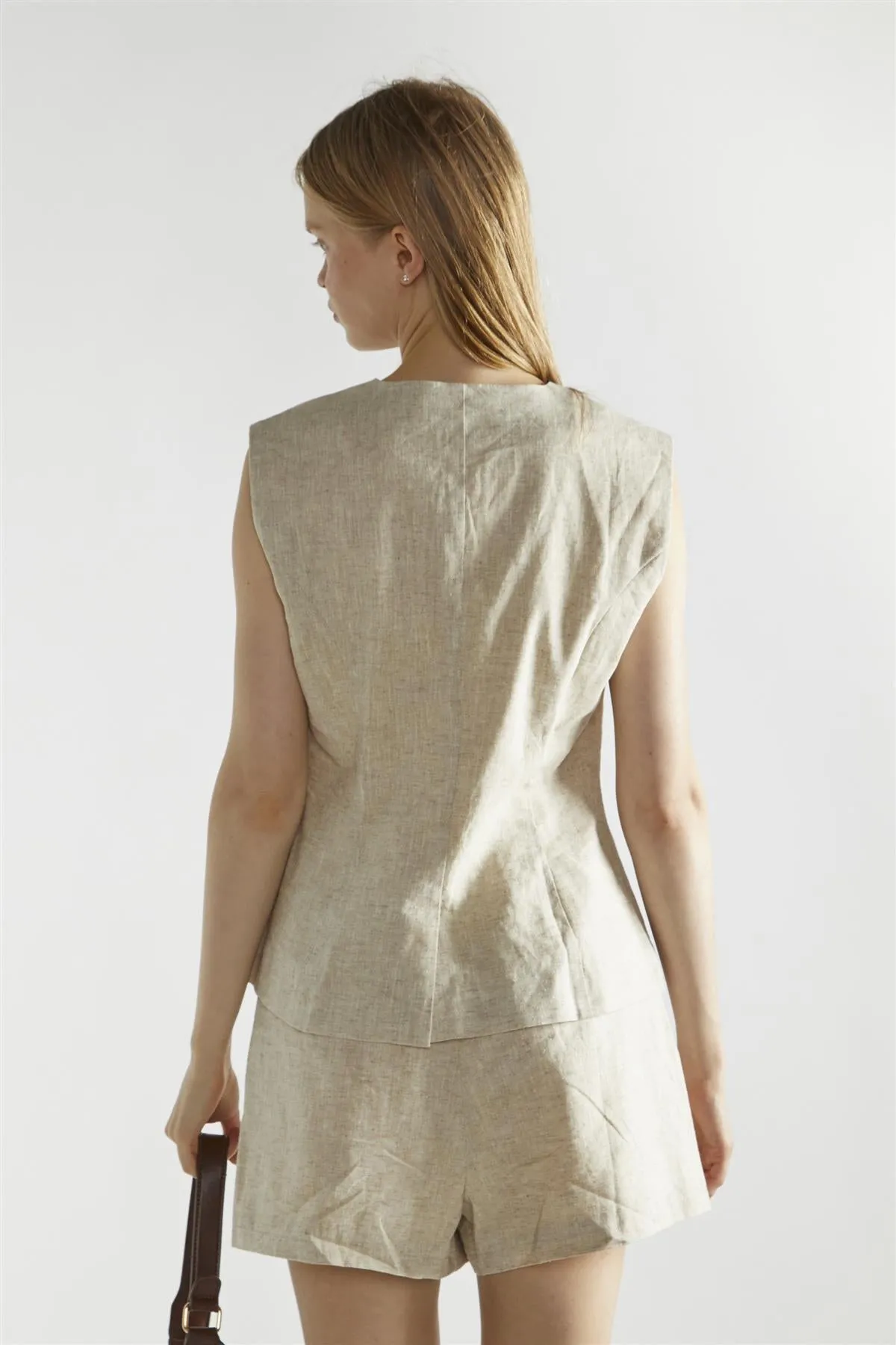 Natural Sleeveless Button Front Vest-Top