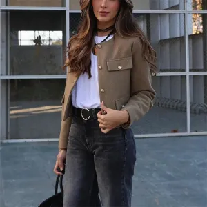 New Tweed Cropped  Long Sleeve Vintage Jacket Woman Fashion Button Elegant Jacket