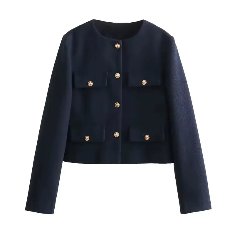 New Tweed Cropped  Long Sleeve Vintage Jacket Woman Fashion Button Elegant Jacket
