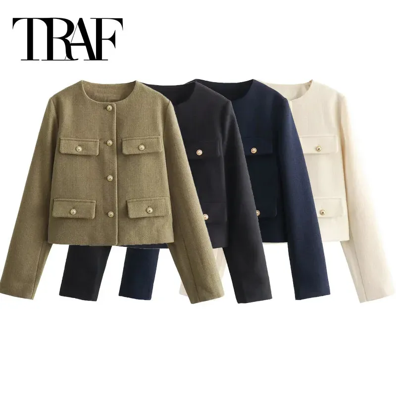 New Tweed Cropped  Long Sleeve Vintage Jacket Woman Fashion Button Elegant Jacket