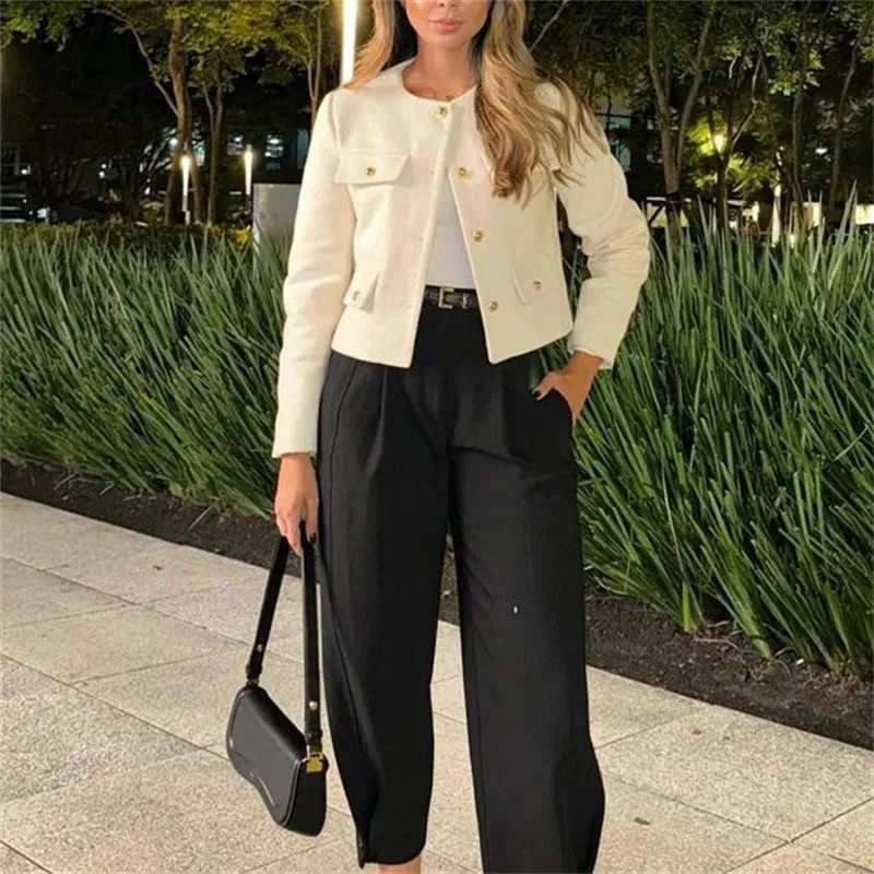 New Tweed Cropped  Long Sleeve Vintage Jacket Woman Fashion Button Elegant Jacket