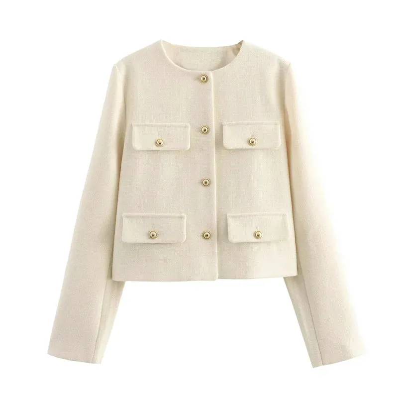 New Tweed Cropped  Long Sleeve Vintage Jacket Woman Fashion Button Elegant Jacket