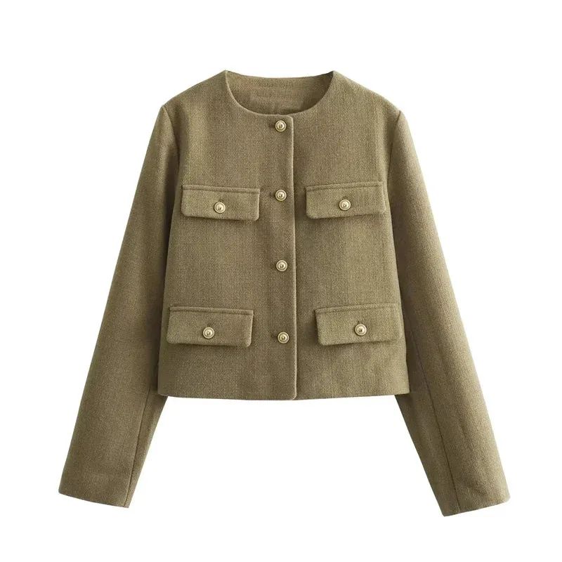 New Tweed Cropped  Long Sleeve Vintage Jacket Woman Fashion Button Elegant Jacket