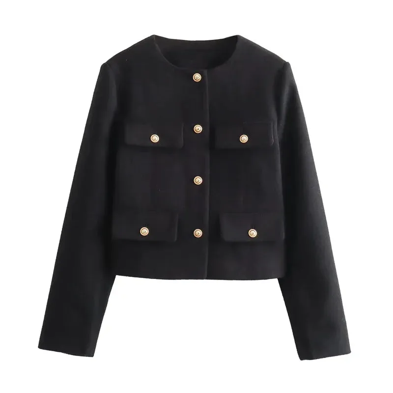 New Tweed Cropped  Long Sleeve Vintage Jacket Woman Fashion Button Elegant Jacket
