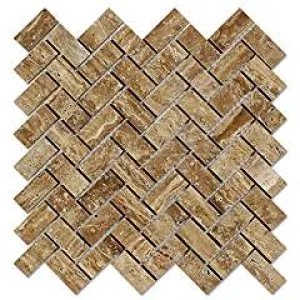 Noce Vein-Cut Travertine Herringbone (1 X 2) Mosaic Tile, Polished (LOT of 50 SHEETS)