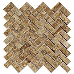 Noce Vein-Cut Travertine Herringbone (1 X 2) Mosaic Tile, Polished (LOT of 50 SHEETS)