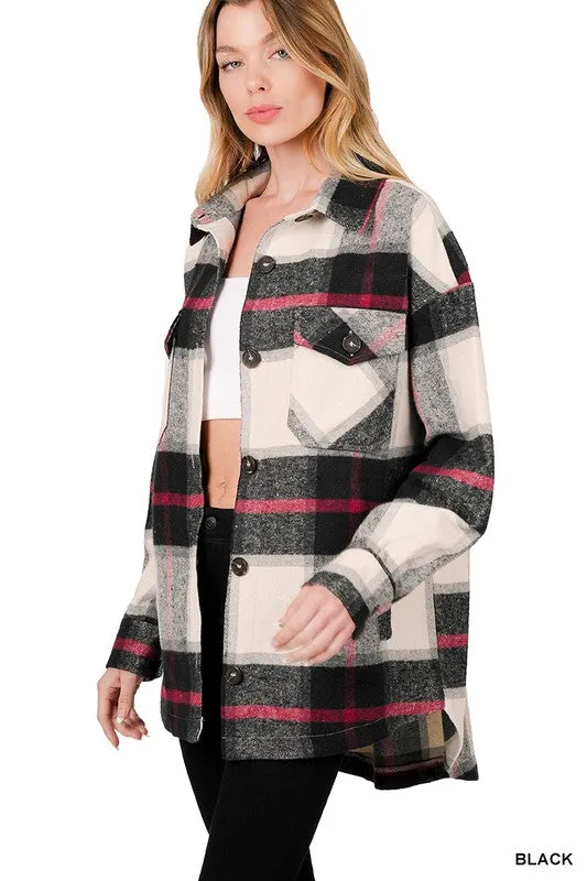 Oversized Yarn Dyed Plaid Shacket in Black or Camel