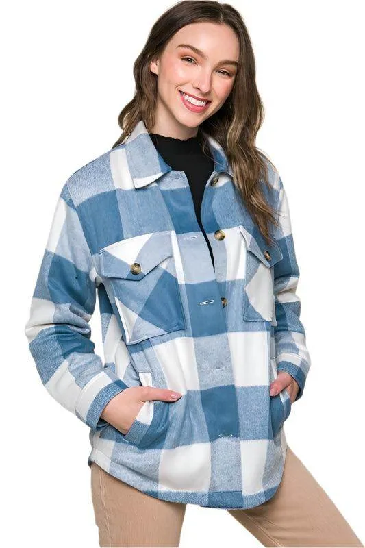 Plaid Button Down Jacket with Front Pocket Detail