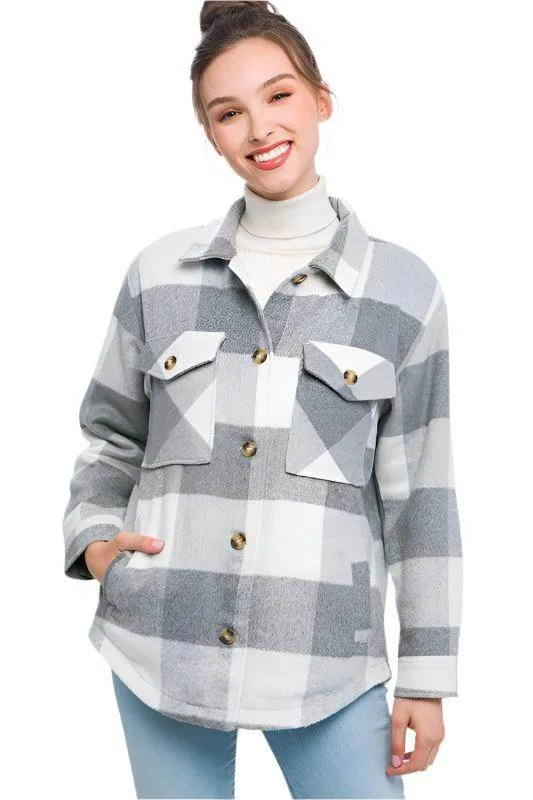 Plaid Button Down Jacket with Front Pocket Detail