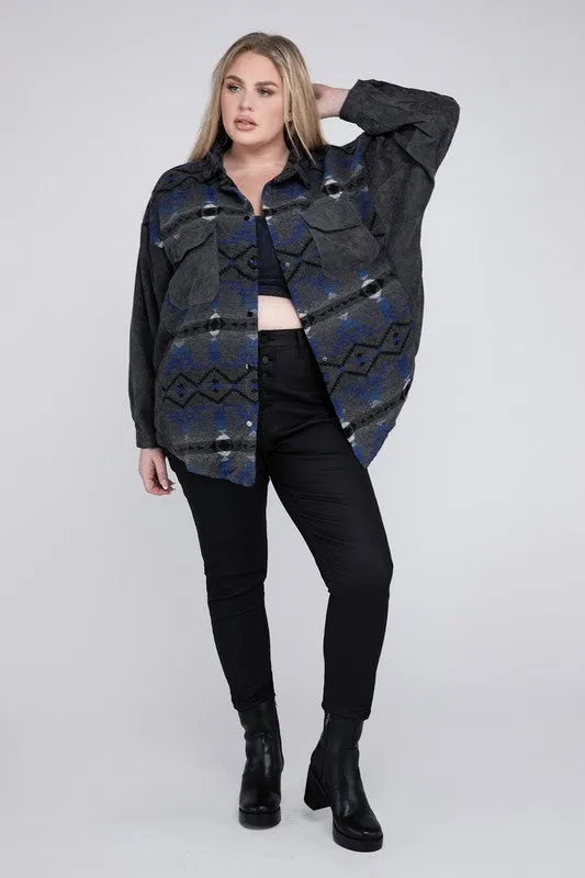 Plus Printed Button Down Long Sleeve Jacket in 2 Colors