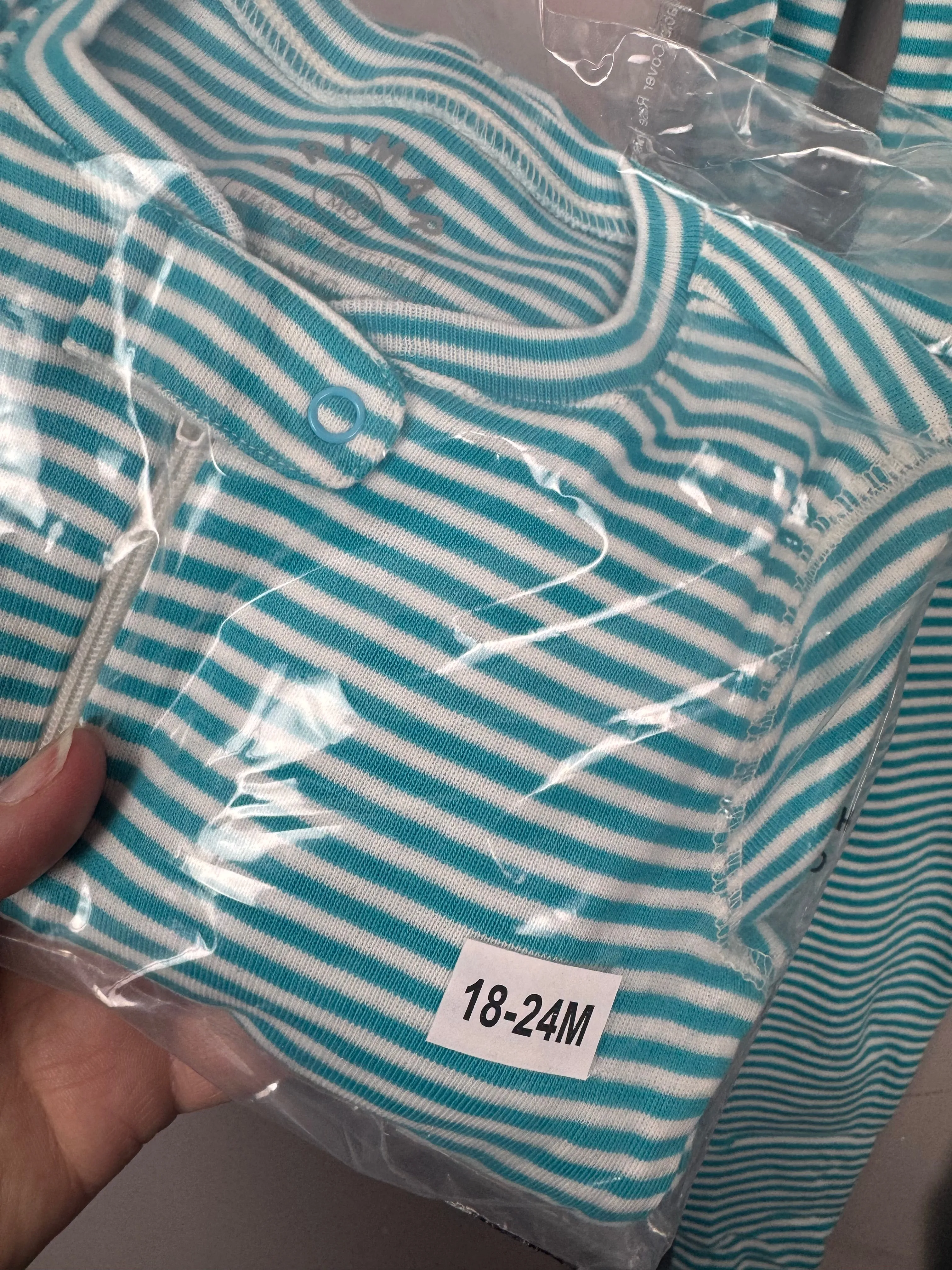 Primary Organic Sleepsuit - Turquoise Fine Stripes NEW 12-18m, 18-24m
