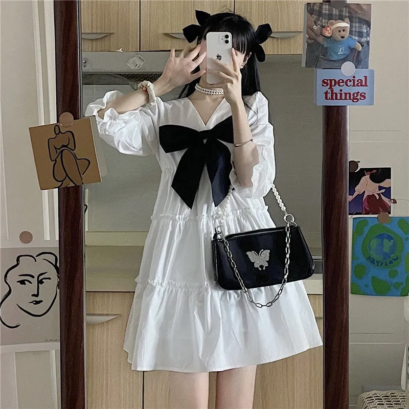 PUFF SLEEVE V NECK WHITE DRESS UB3188