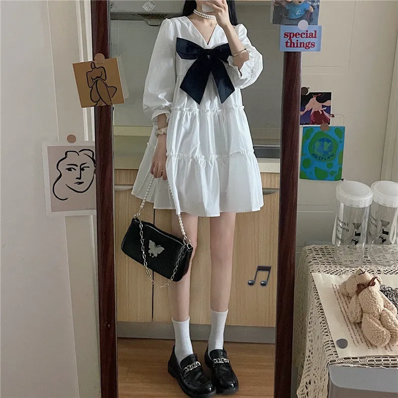 PUFF SLEEVE V NECK WHITE DRESS UB3188