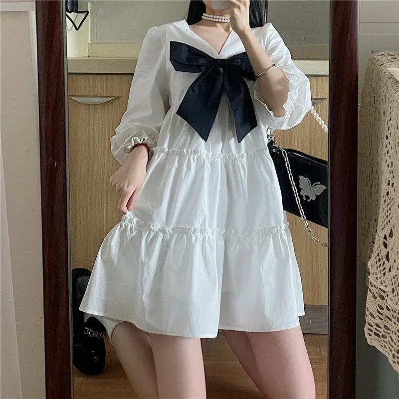 PUFF SLEEVE V NECK WHITE DRESS UB3188