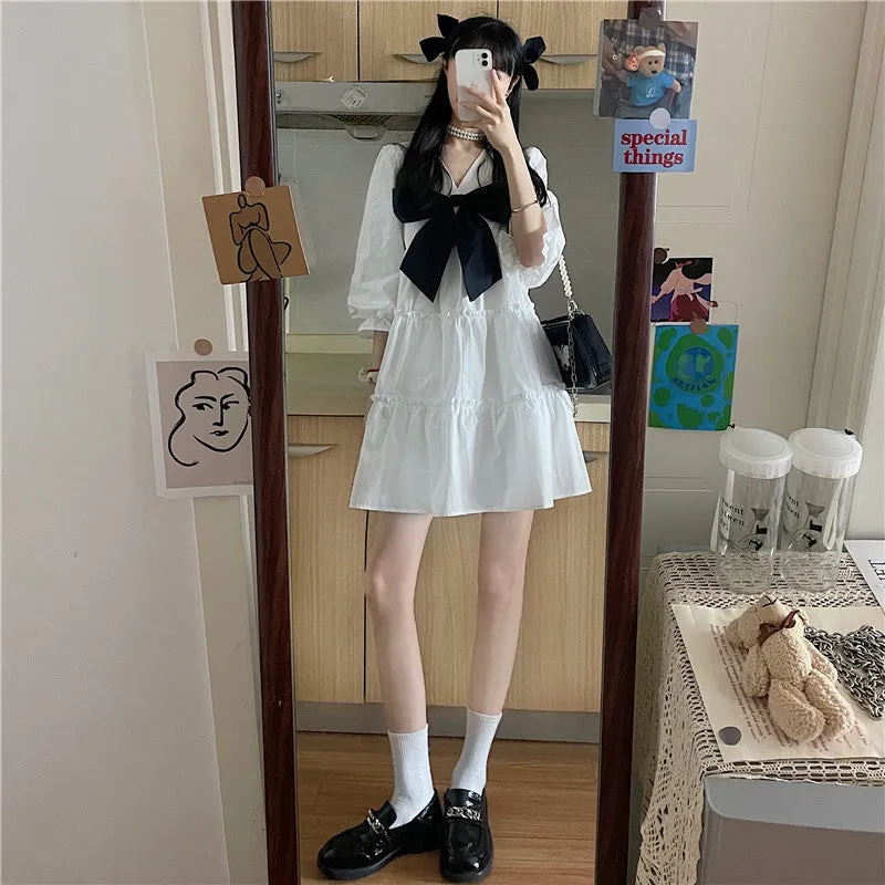 PUFF SLEEVE V NECK WHITE DRESS UB3188