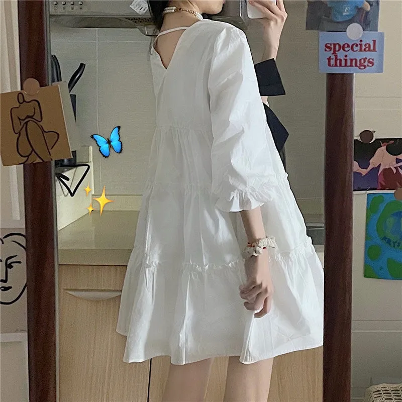 PUFF SLEEVE V NECK WHITE DRESS UB3188