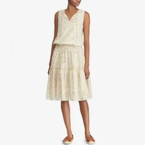 RALPH LAUREN Creamy YellowCotton Blend FloralBlouson Flared Midi Dress 12 NWOT