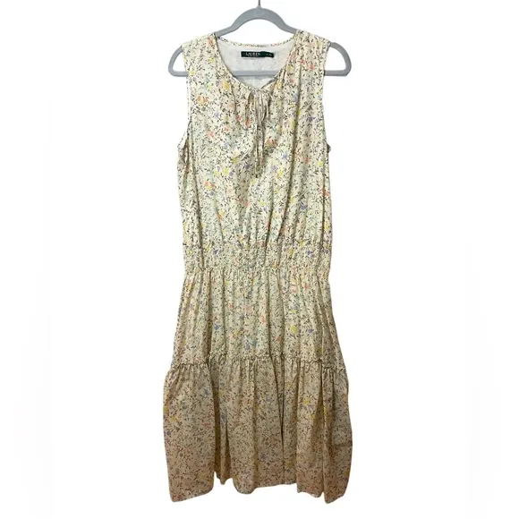 RALPH LAUREN Creamy YellowCotton Blend FloralBlouson Flared Midi Dress 12 NWOT
