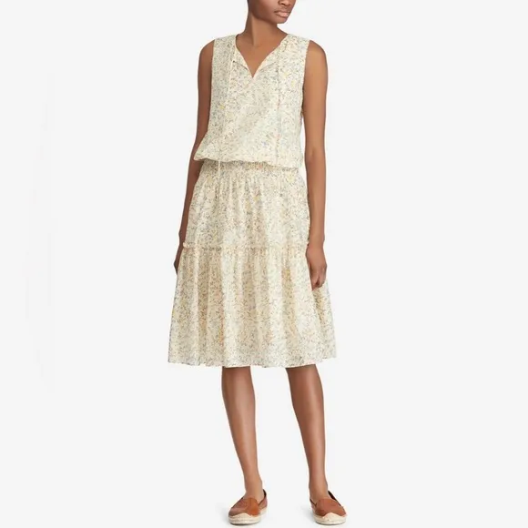 RALPH LAUREN Creamy YellowCotton Blend FloralBlouson Flared Midi Dress 12 NWOT