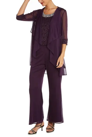 R&M Richards Scoop Neckline Lace Top Sheer Jacket Sheer Overlay Pants Three Piece Suit Dress