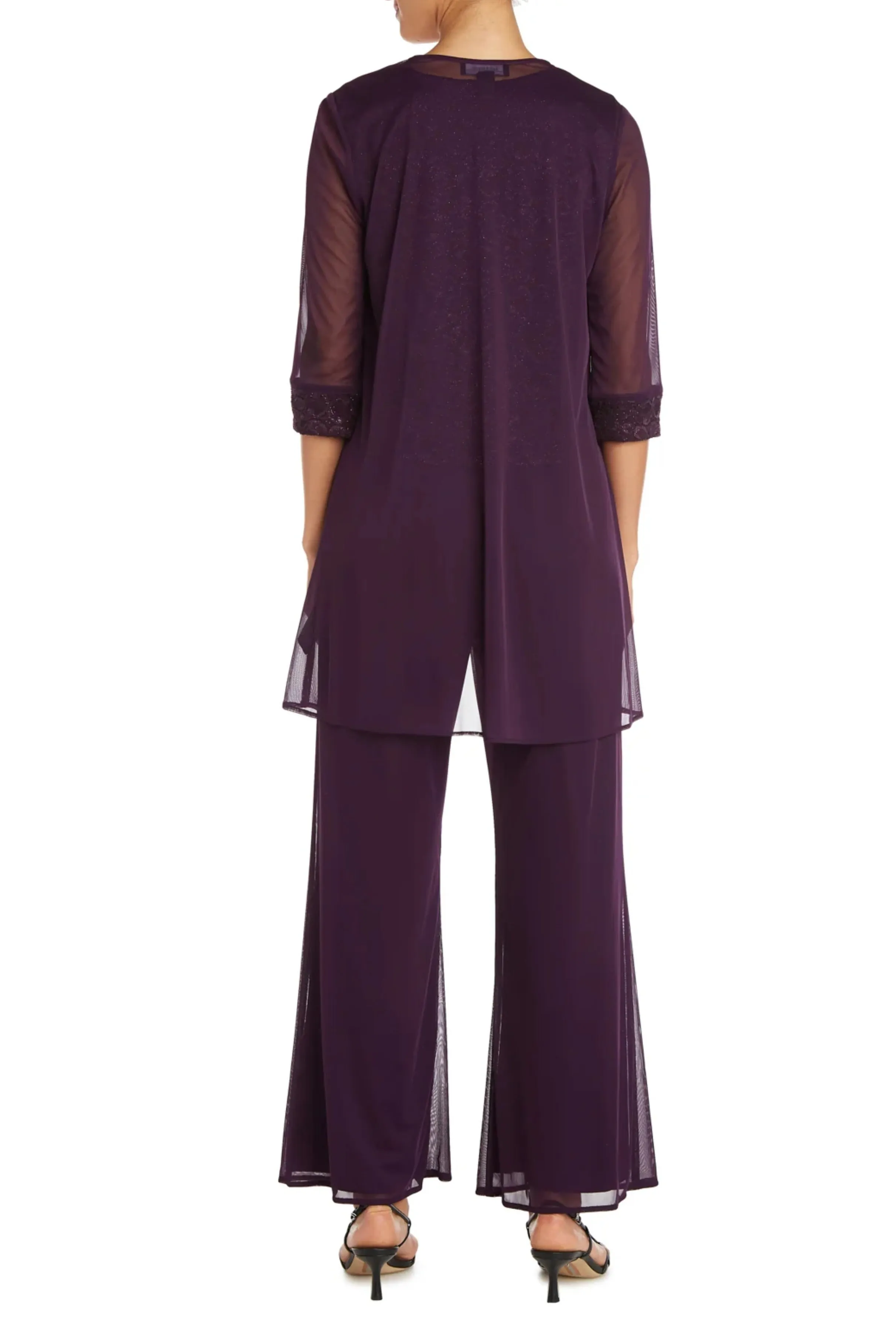 R&M Richards Scoop Neckline Lace Top Sheer Jacket Sheer Overlay Pants Three Piece Suit Dress