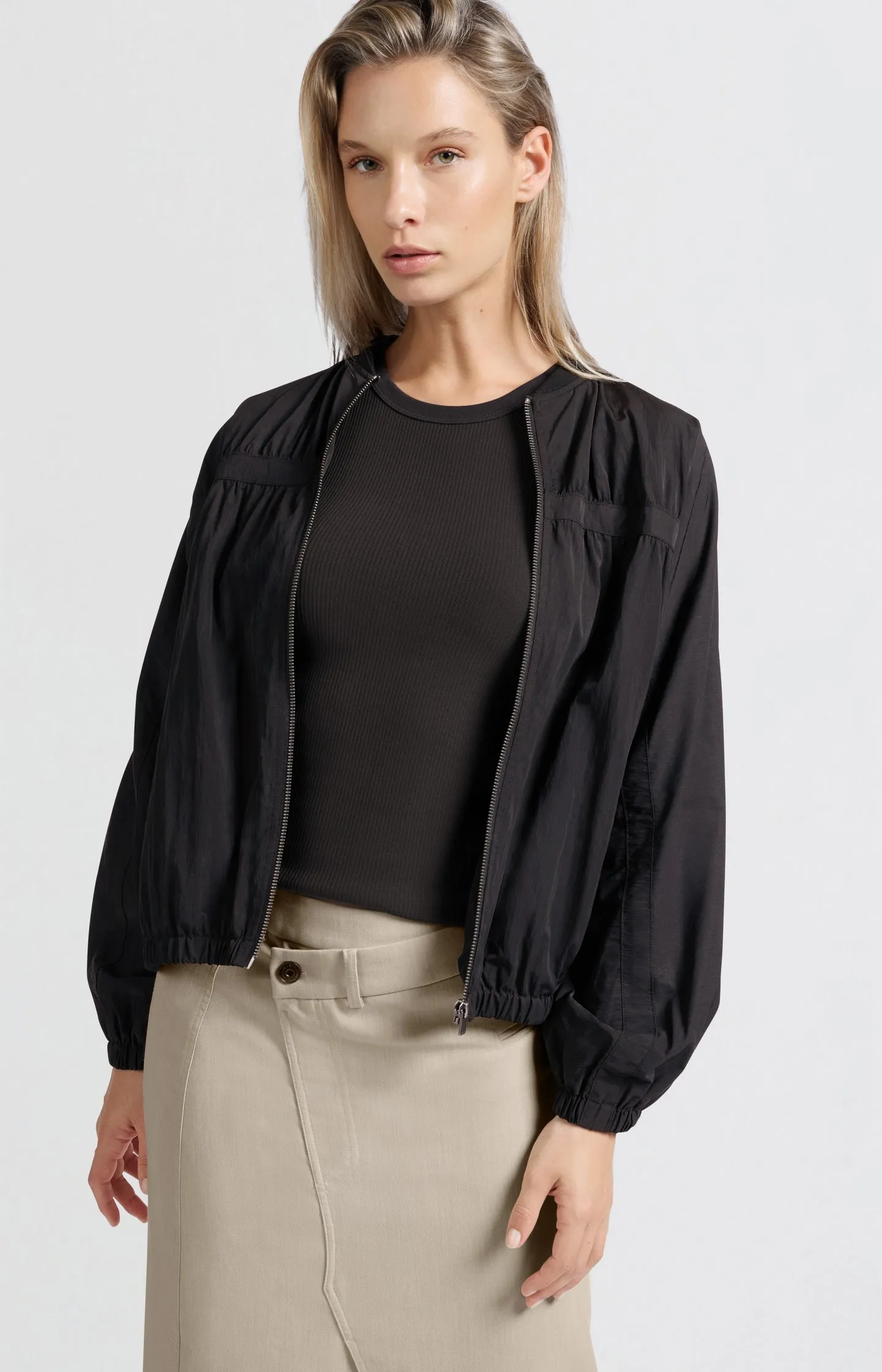 Short nylon bomber jacket with oversized fit