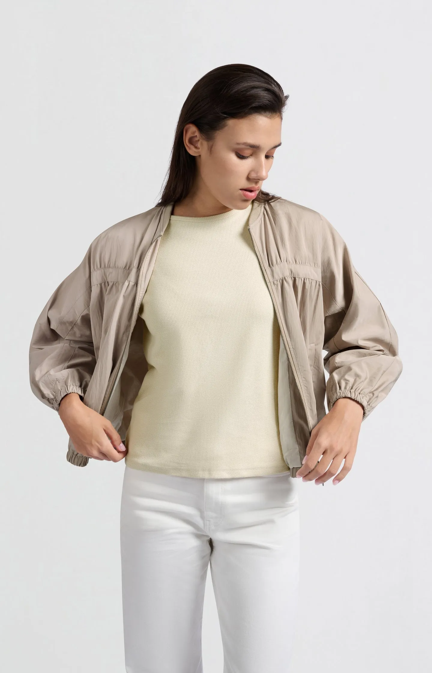 Short nylon bomber jacket with oversized fit