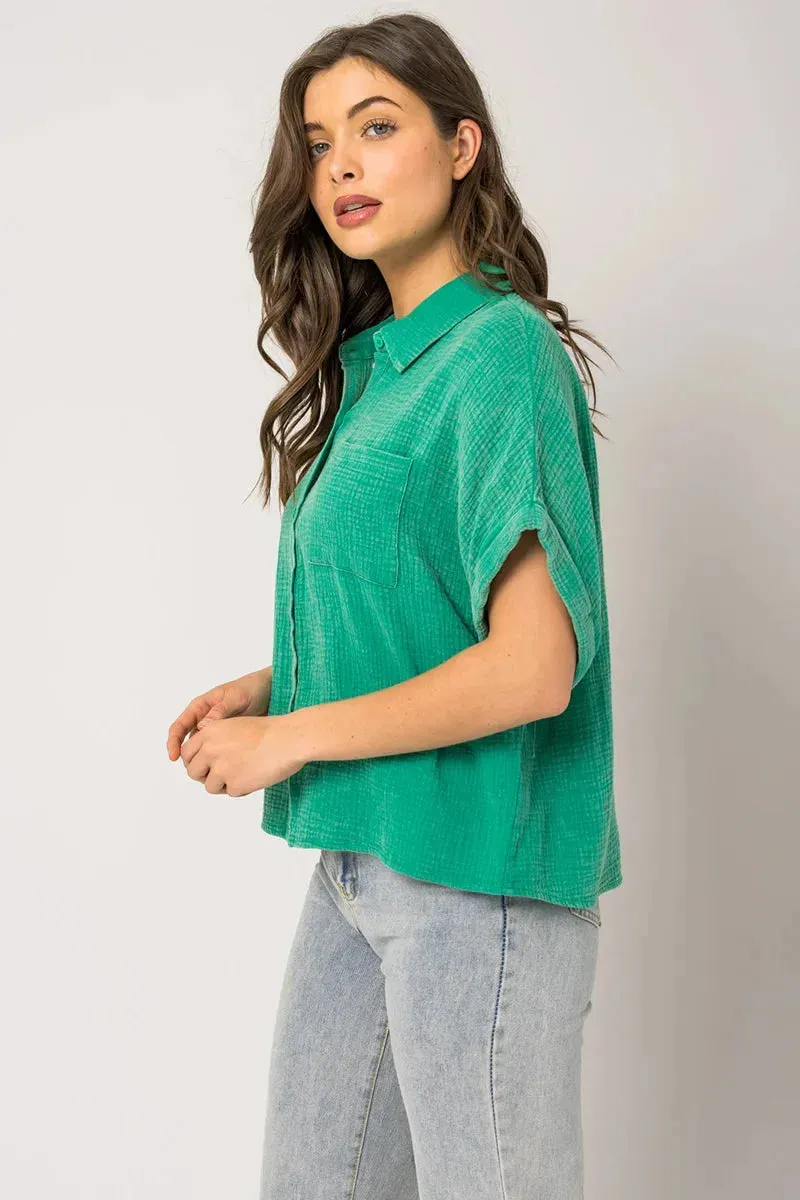 Short Sleeve Washed Double Gquze Blouse