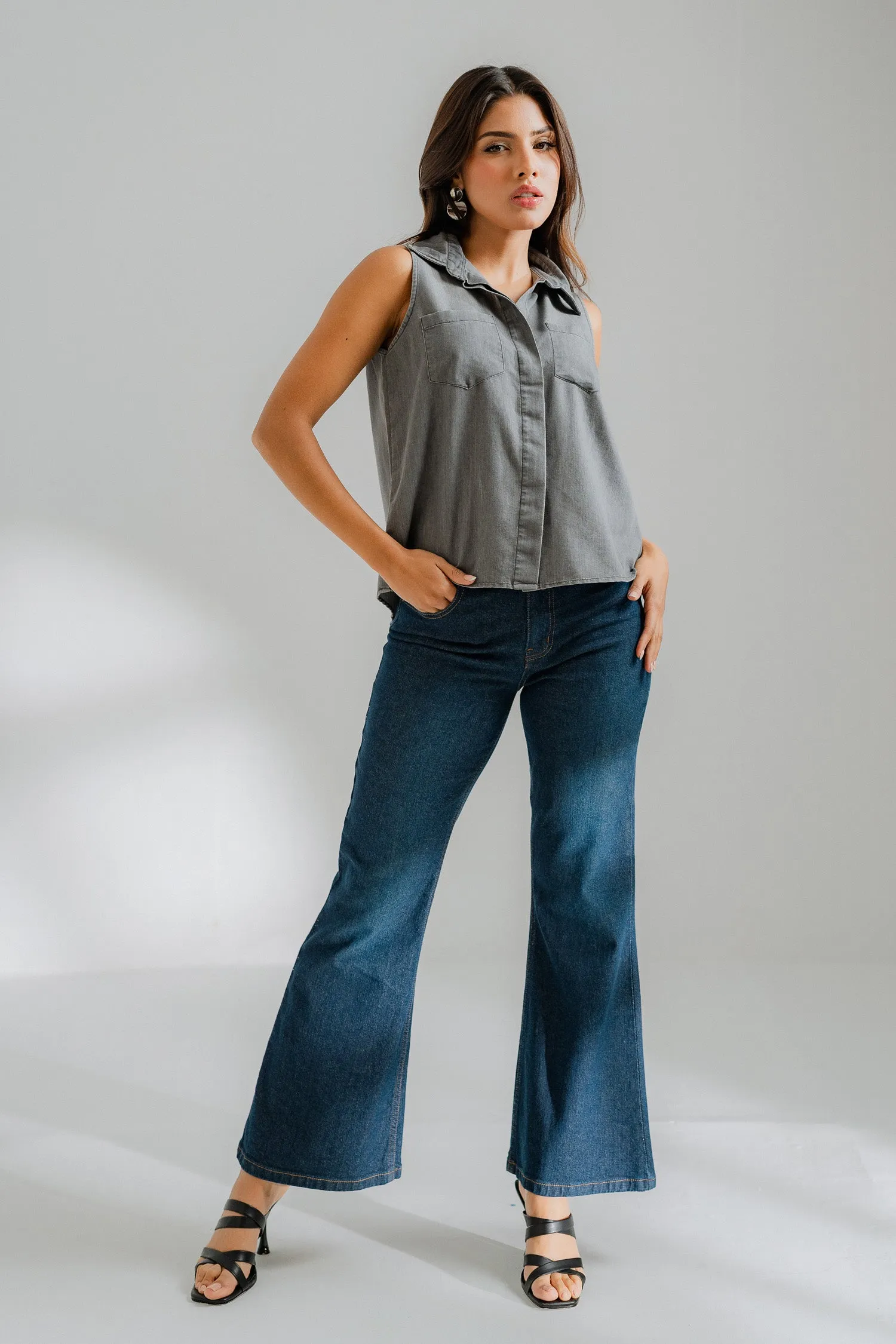Sleeveless Button-down Chambray Shirt