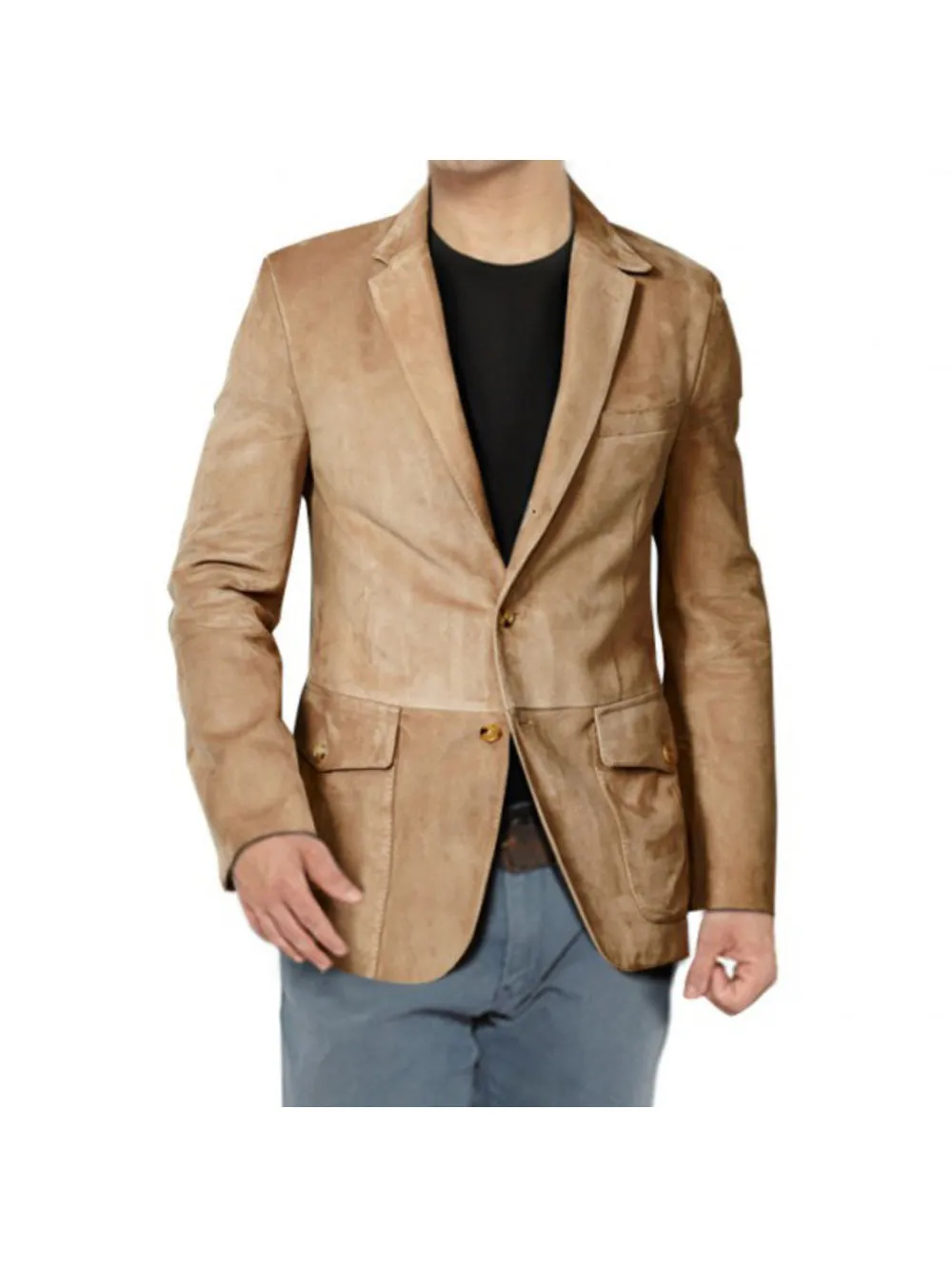 Slim Fit Suede Leather Blazer with Patch Pocket for Mens