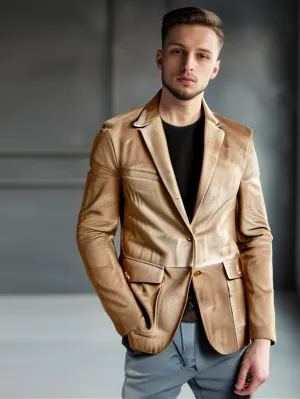 Slim Fit Suede Leather Blazer with Patch Pocket for Mens