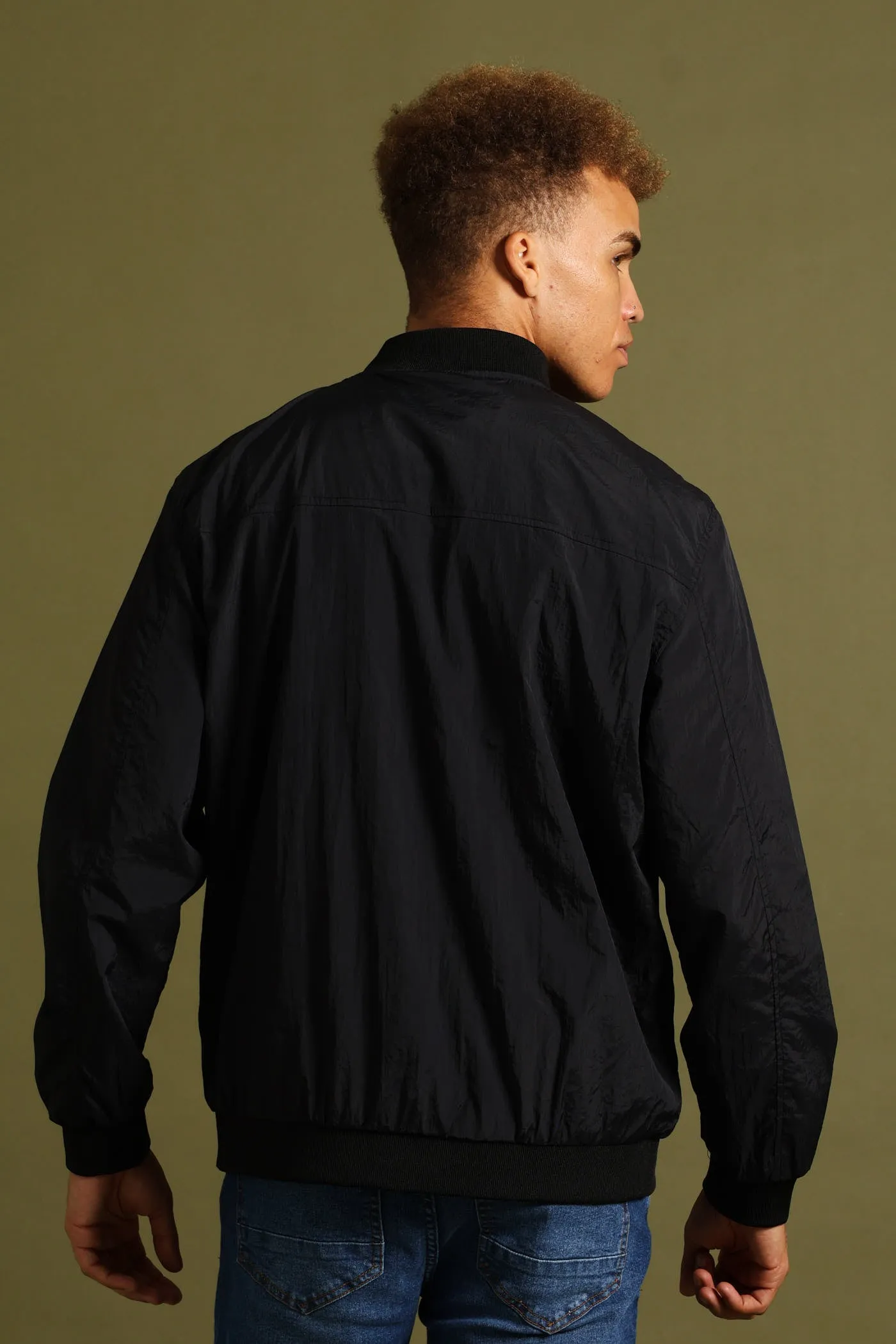 Smart Crinkle Bomber Jacket - Black