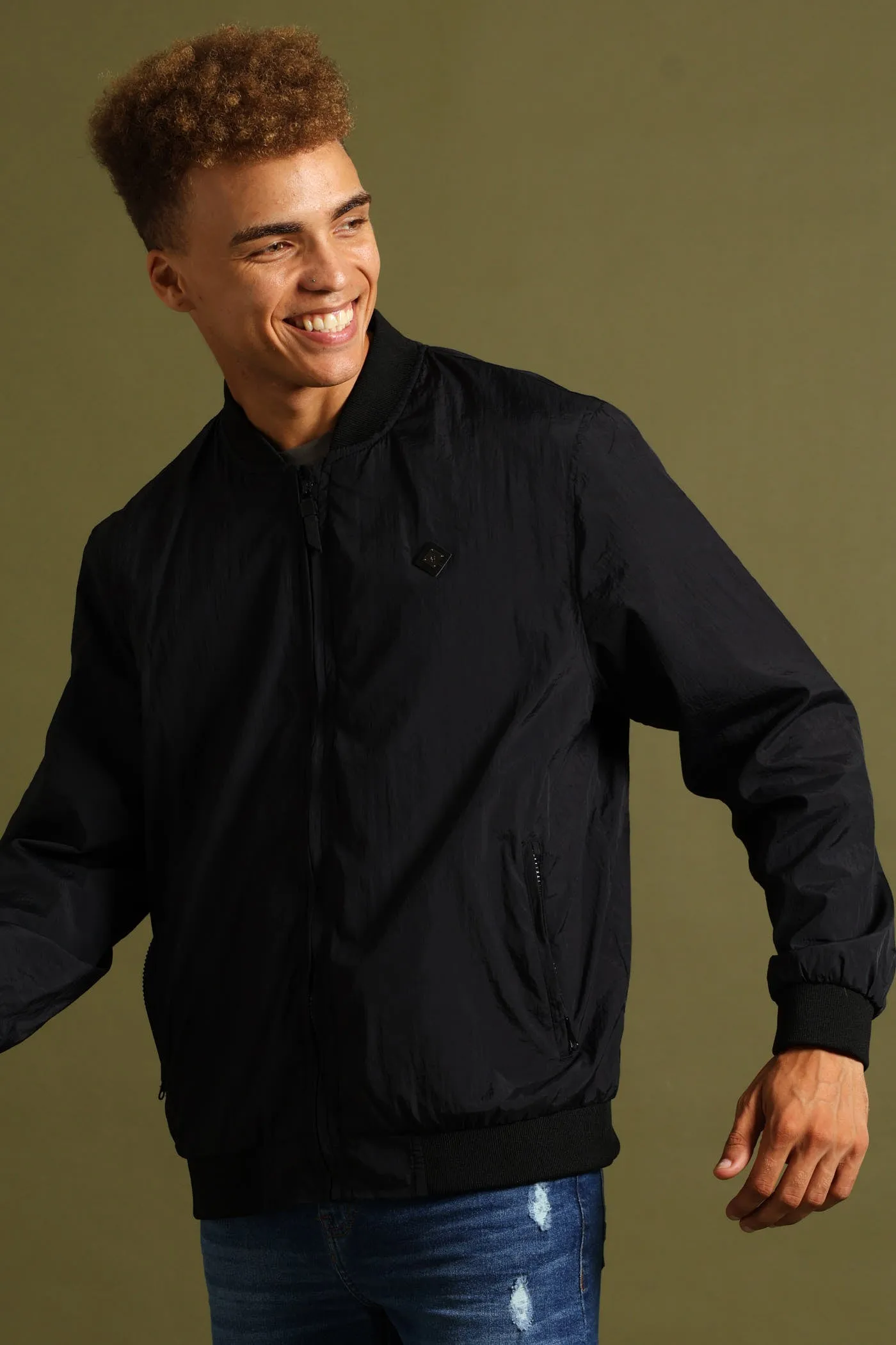 Smart Crinkle Bomber Jacket - Black