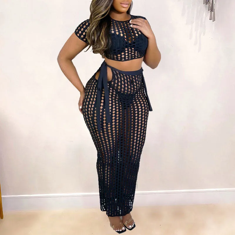 Solid Short Sleeve Hollow Out Crop Top & Skirt Set