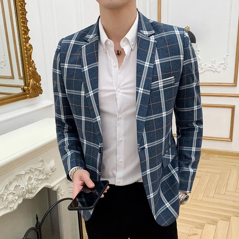 Spring Men's Plaid Blazer Fashion Business Casual Men's Slim Suit Jacket Large Size Casual Banquet Wedding Party Club Dress