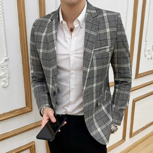 Spring Men's Plaid Blazer Fashion Business Casual Men's Slim Suit Jacket Large Size Casual Banquet Wedding Party Club Dress