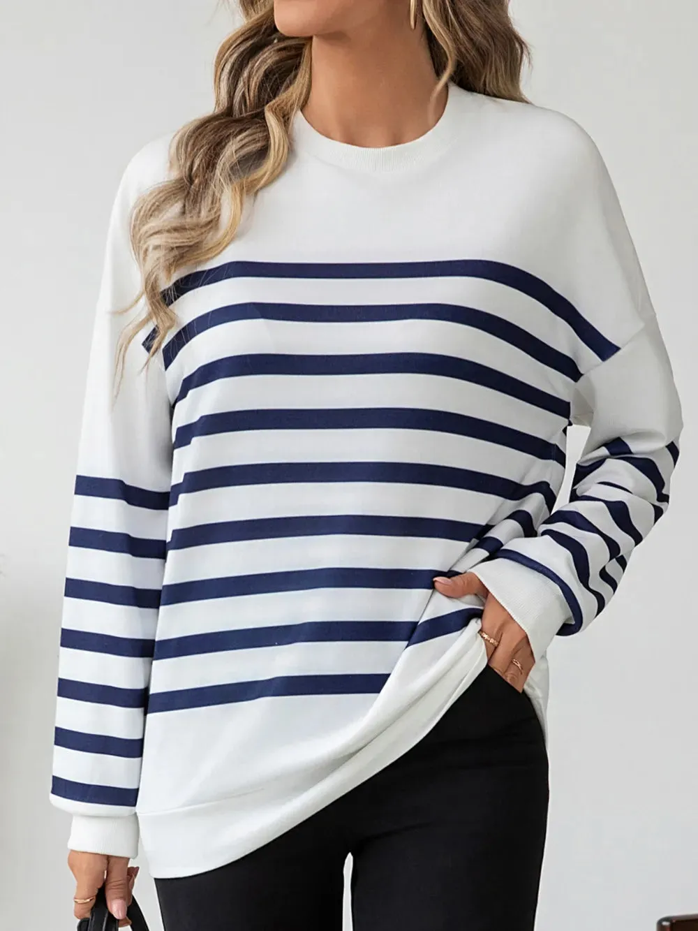 Striped Round Neck Long Sleeve T-Shirt for Casual Wear
