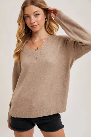 Taupe V-Neck Soft Knit Sweater