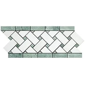 Thassos White Greek Marble Basketweave Mosaic Tile with Green Marble Dots, Polished
