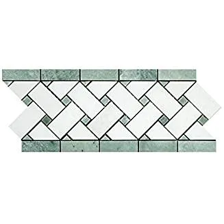 Thassos White Greek Marble Basketweave Mosaic Tile with Green Marble Dots, Polished