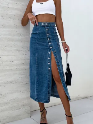 The Foxy Midi – Slit Button-Up Denim Skirt