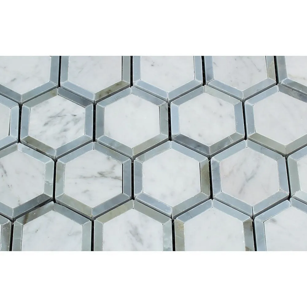 Tilefornia Italian Carrara White Marble Vortex Hexagon w/Blue/Gray Marble Ribbon Mosaic TilePolished/Honed