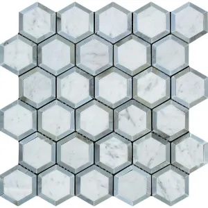 Tilefornia Italian Carrara White Marble Vortex Hexagon w/Blue/Gray Marble Ribbon Mosaic TilePolished/Honed