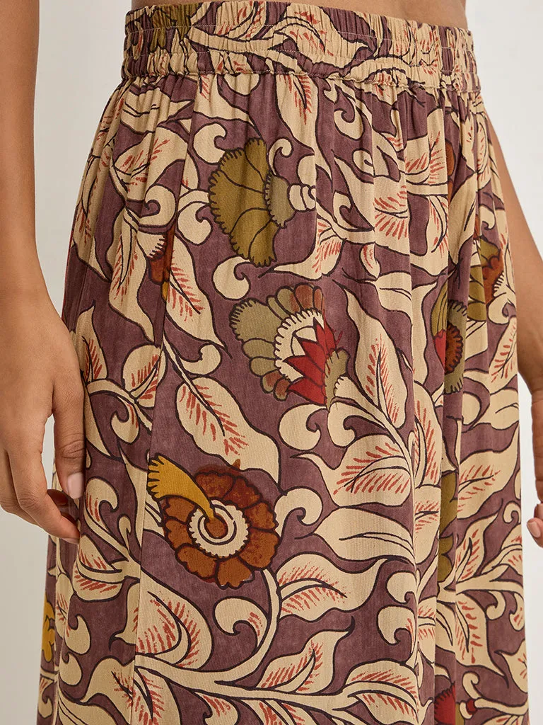 Utsa Purple Floral Print High-Rise Palazzos