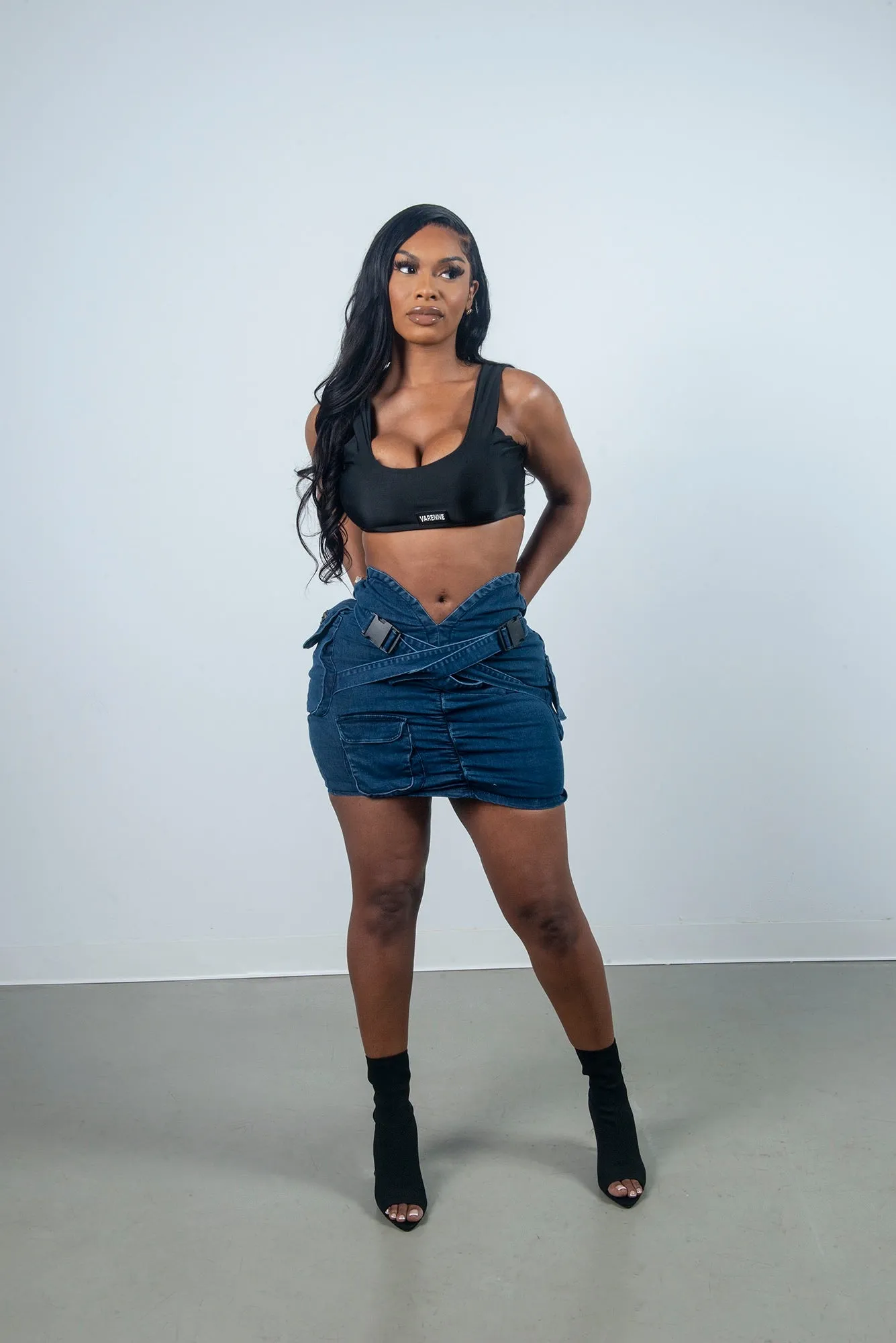 V Cut Denim Cargo Skirt Dark Blue
