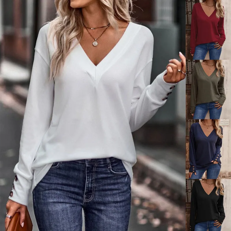 V-Neck Loose Long Sleeve Button Shirt