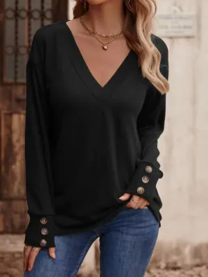 V-Neck Loose Long Sleeve Button Shirt