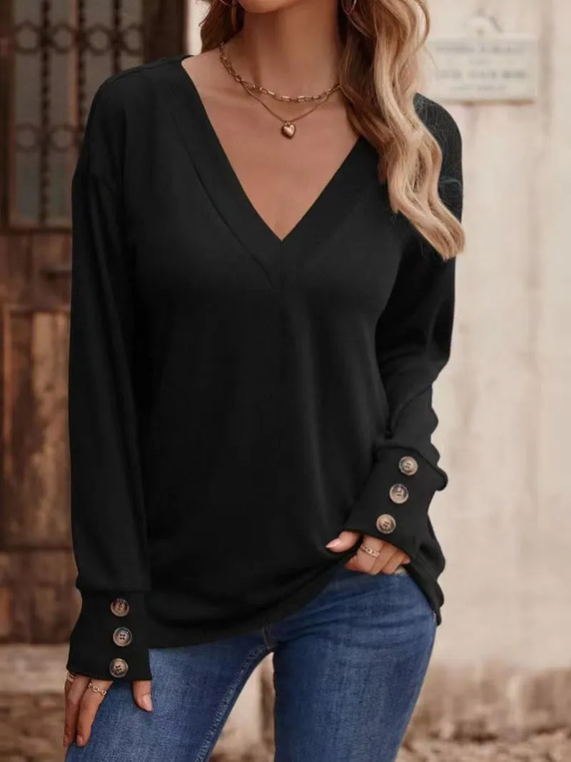 V-Neck Loose Long Sleeve Button Shirt
