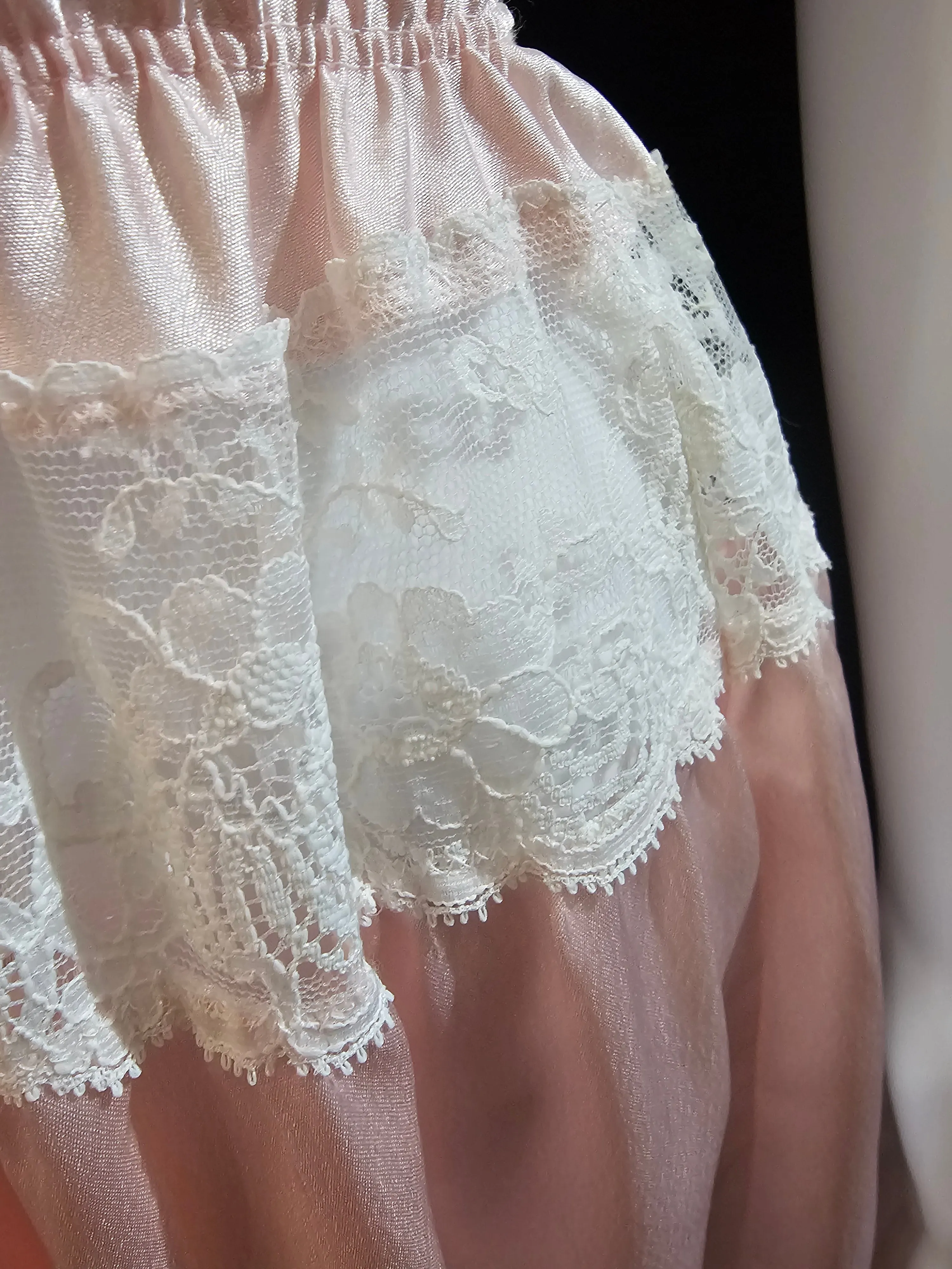Vintage 1963-74 pink satin gown with sheer lace insets by Blanche Intimates