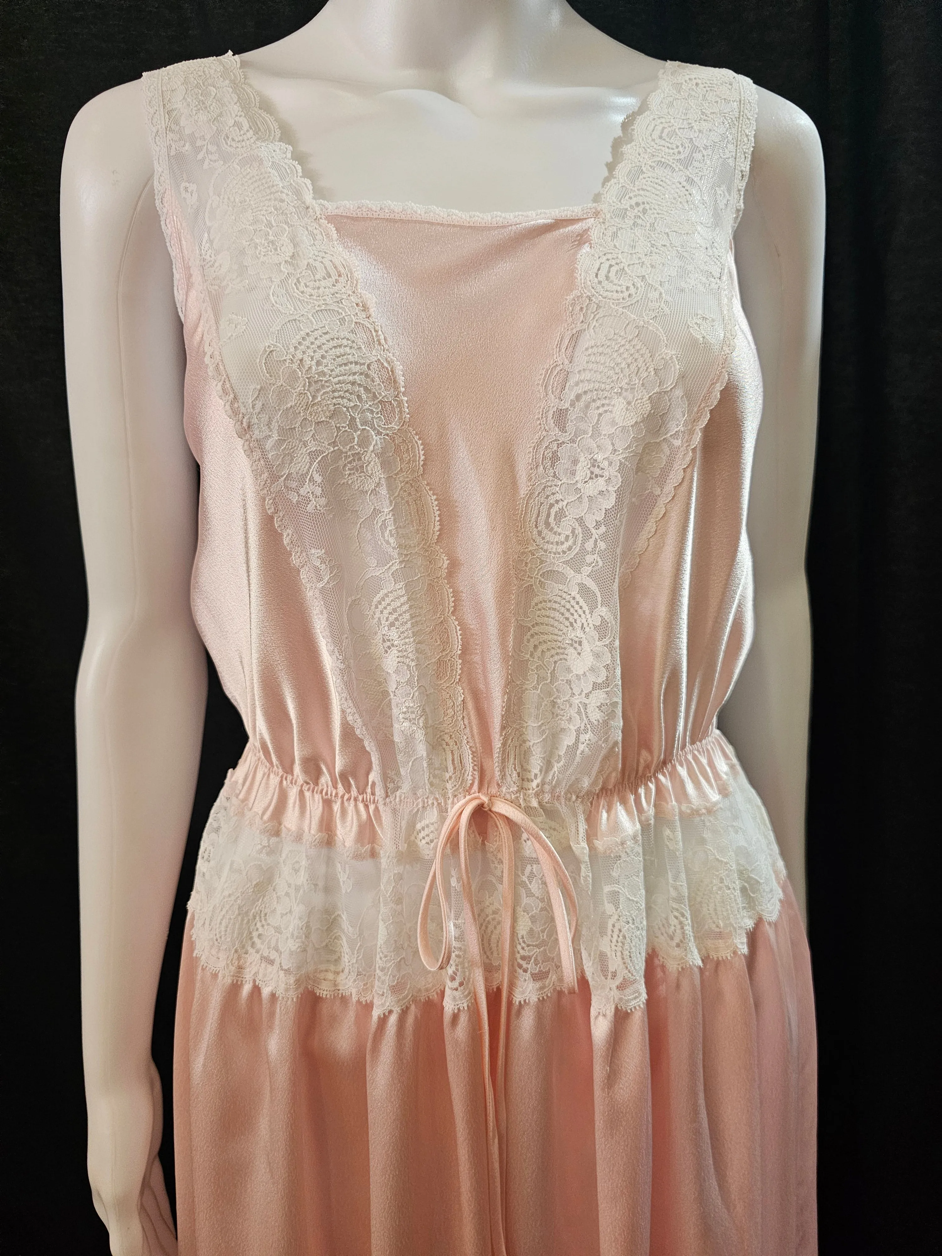 Vintage 1963-74 pink satin gown with sheer lace insets by Blanche Intimates
